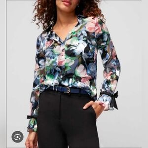 ❤️ WHITE HOUSE BLACK MARKET SILK BLEND FLORAL BURNOUT BLOUSE / TOP, XS